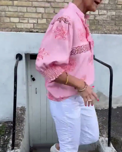 Lace Long-Sleeved Printed Blouse