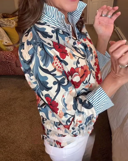 Puff Sleeve Floral Striped Blouse