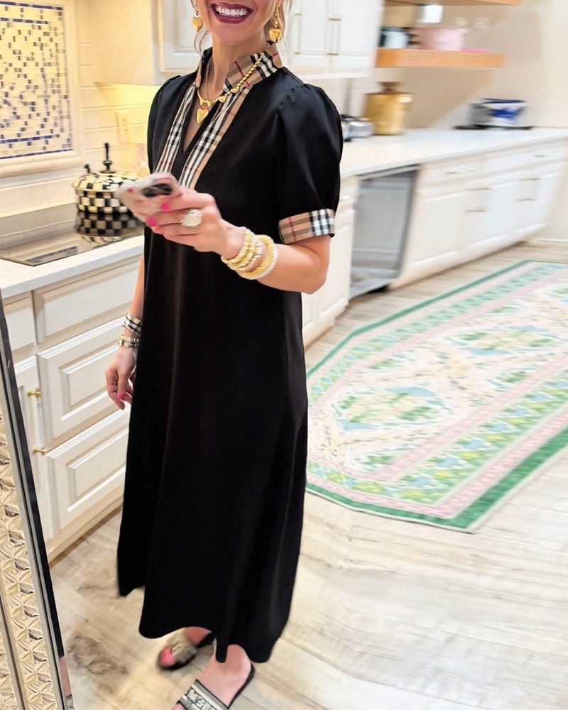 Puff Sleeve Plaid Contrast Dress