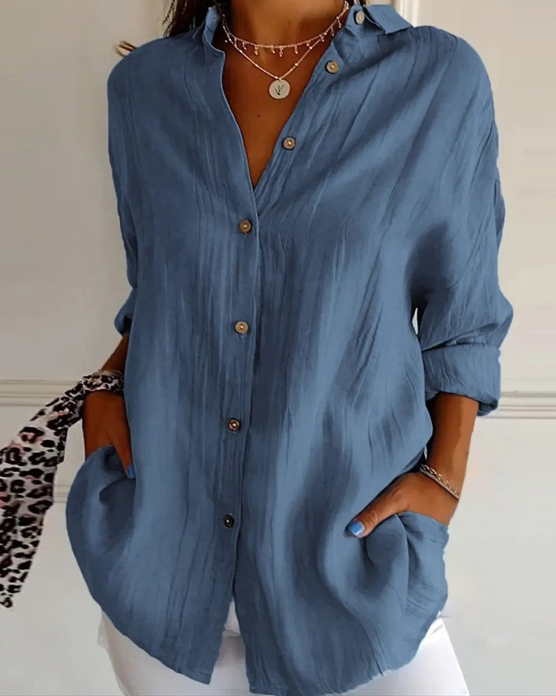 Casual solid color V-neck buttoned long-sleeve shirt 2024 f/w blouses & shirts spring