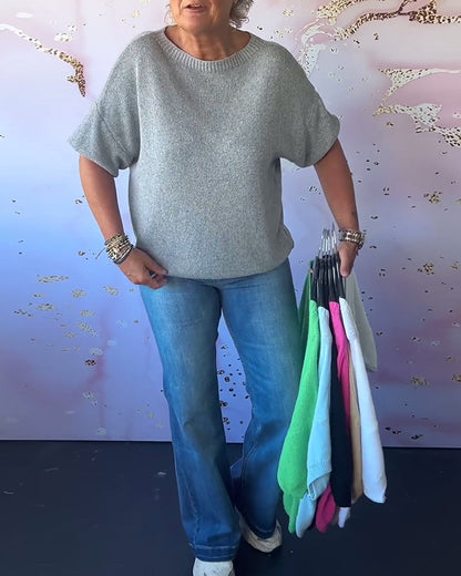 Casual loose solid color round neck pullover