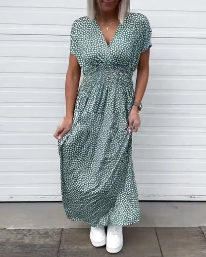 V-Neck Printed Waist Short-Sleeved Dress