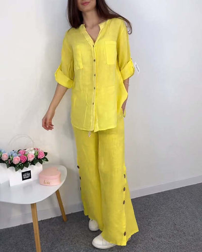 Solid color button pocket lace blouse wide leg pants set spring summer two-piece sets