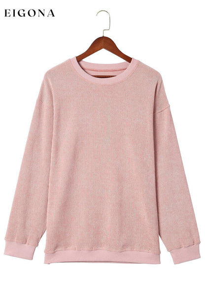 Pink Solid Ribbed Knit Round Neck Pullover Sweatshirt All In Stock Best Sellers clothes Color Pink Fabric Corduroy Hot picks long sleeve shirt Occasion Daily Print Solid Color Season Fall & Autumn shirts Style Casual Sweater sweaters tops