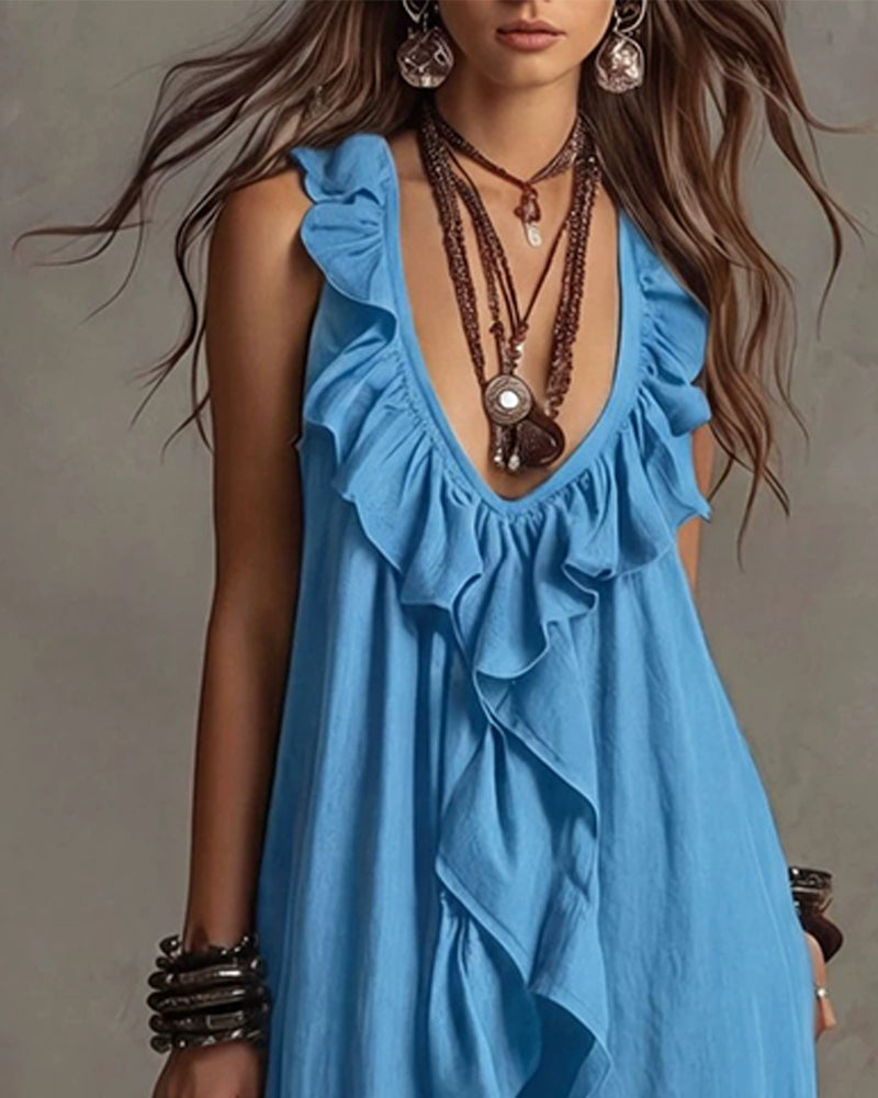Deep V-Neck Vacation Flared Ruffle Maxi Dress