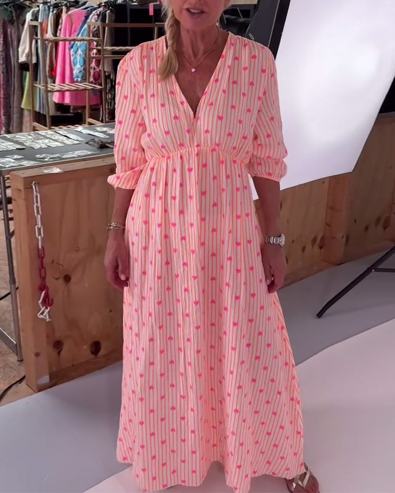 Elegant V-Neck Heart Print Dress