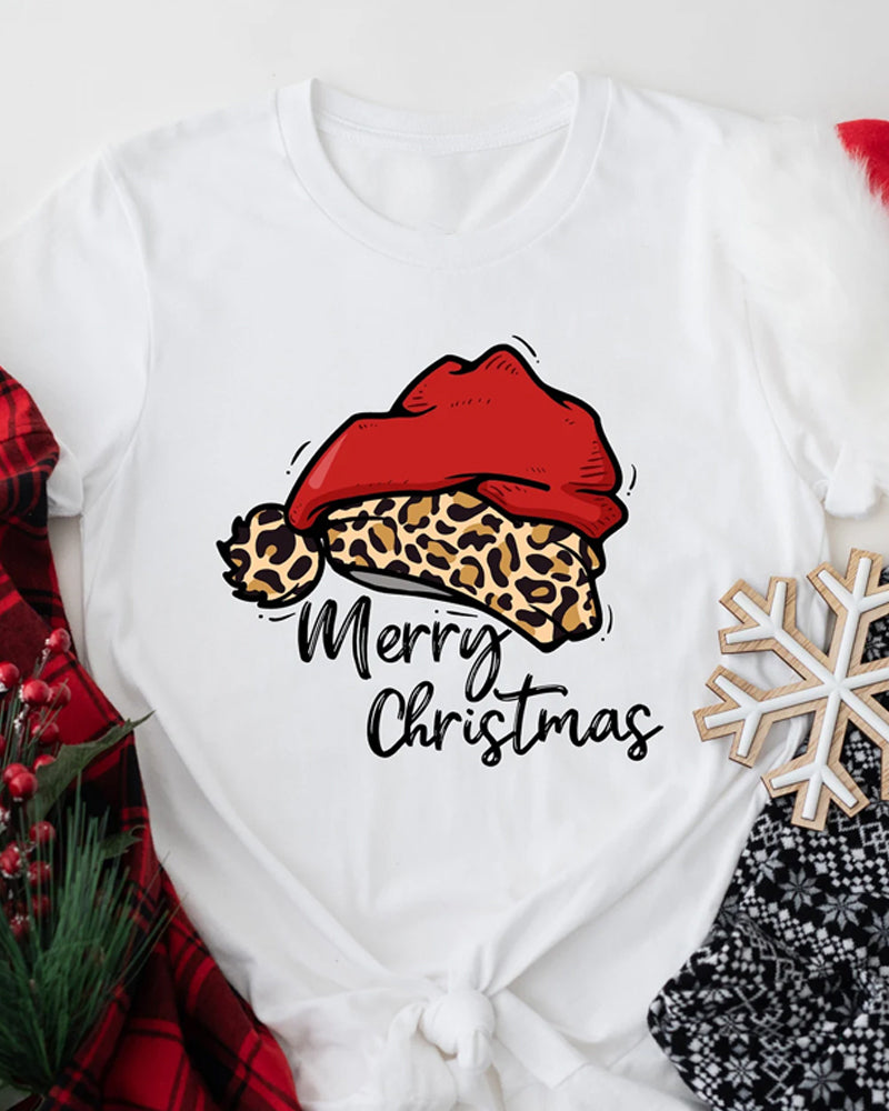 Leopard Santa Hat Merry Christmas T-shirt christmas summer t-shirts