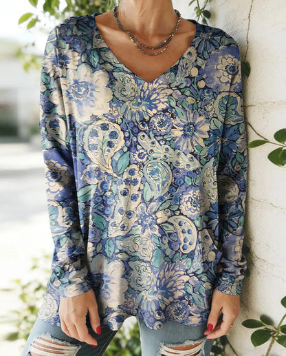 Casual Printed V-Neck Long-Sleeved Top