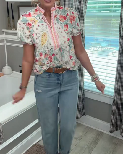 Floral Stand Collar Puff Sleeve Blouse