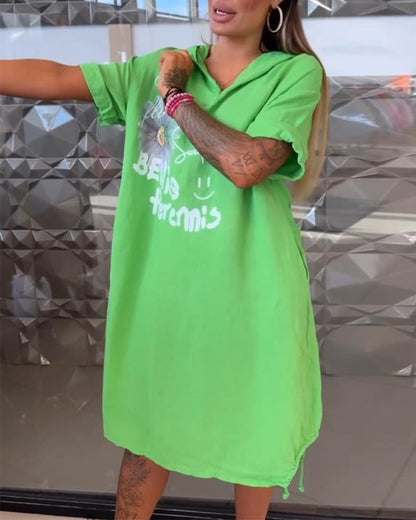 Hooded Printed Casual Shift Dress