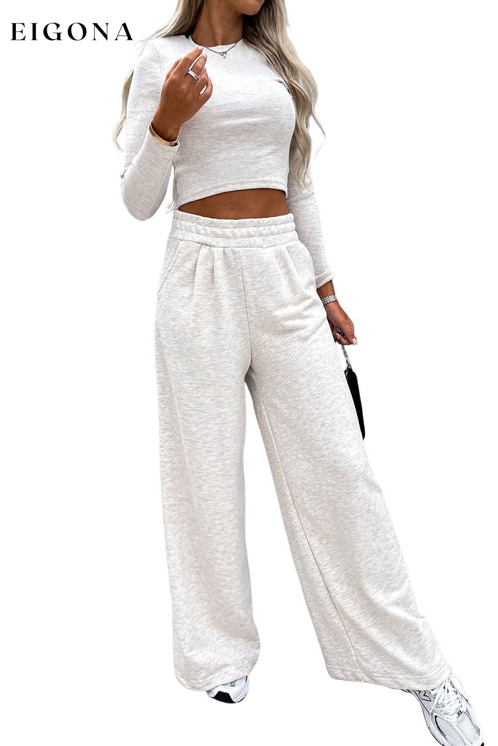 Beige Crop Top and Wide Leg Pants Two Piece Set All In Stock clothes EDM Monthly Recomend Hot picks lounge lounge wear lounge wear sets loungewear loungewear sets Occasion Daily Print Solid Color Season Winter sets Silhouette Wide Leg Style Casual