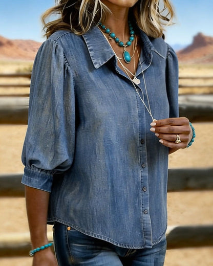 Bubble Short-Sleeved Denim Shirt