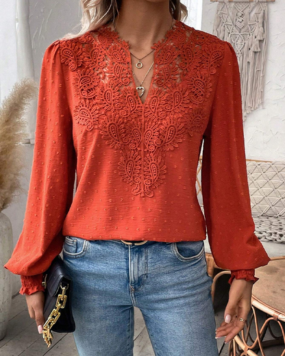 V-Neck Lace Jacquard Blouse 2024 f/w blouses & shirts