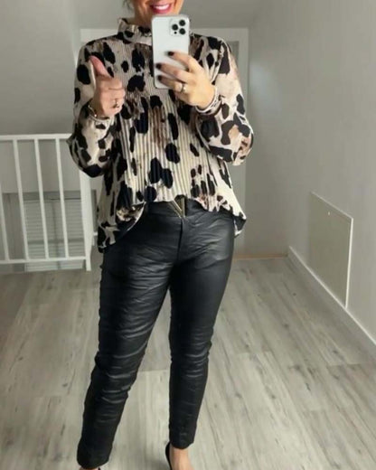 Casual printed stand-up collar long sleeve pleated blouse blouses & shirts spring summer