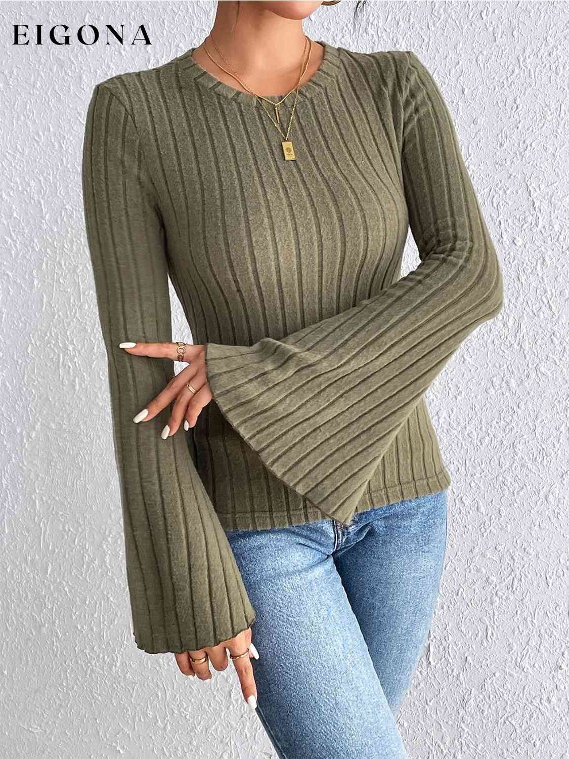 Ribbed Round Neck Flare Sleeve Top clothes HS Ship From Overseas