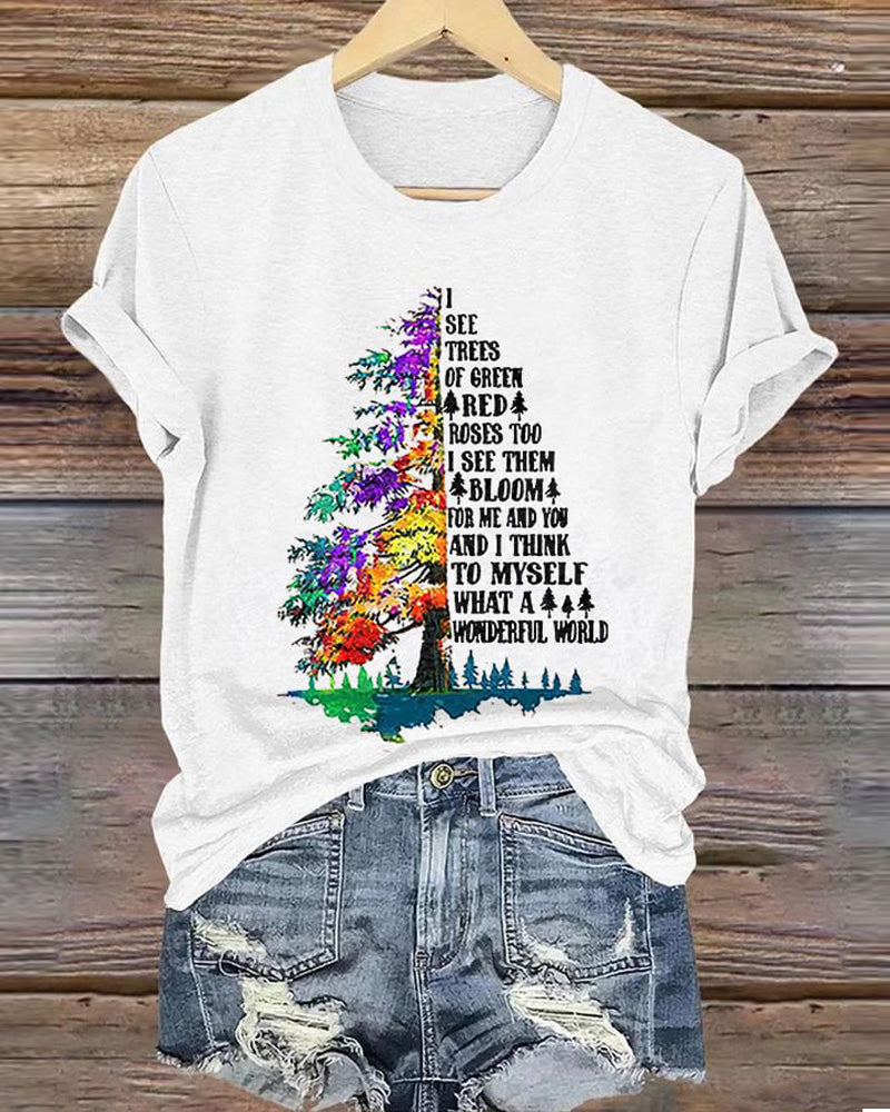 Women'S Retro Hippie Christmas I See Trees Of Green, Red Roses Too I See Them Bloom For Me And You And I Think To Myself What A Wonderful World Print T-Shirt christmas summer t-shirts