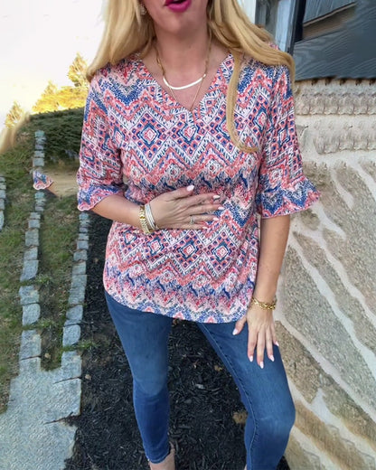 Trumpet Sleeve V-Neck Casual Blouse