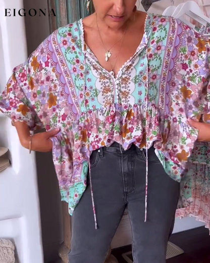 Floral print V-neck patchwork top blouses & shirts spring summer