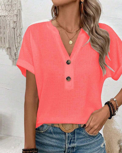 Waffle V-Neck Button T-Shirt