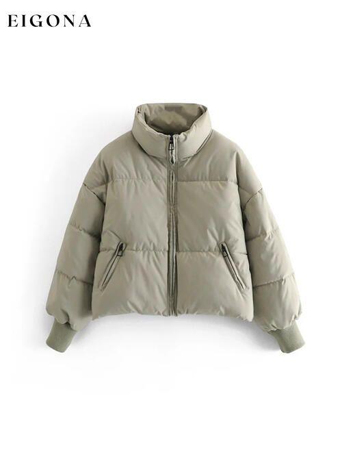 Zip Up Drawstring Winter Coat with Pockets Sage clothes K&BZ Ship From Overseas