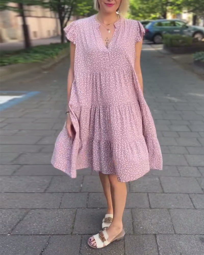 Printed V-neck ruffle sleeve dress casual dresses spring summer