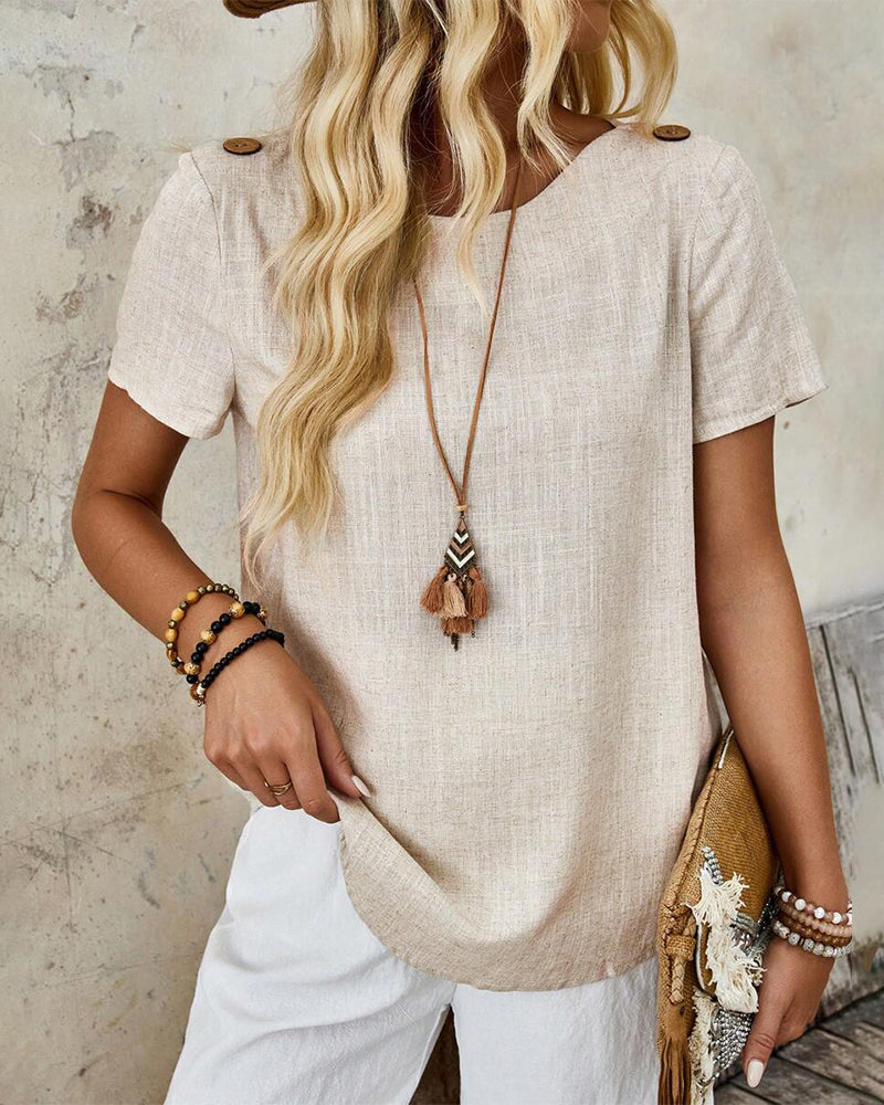 Kurzarm-T-Shirt aus Baumwolle und Leinen mit Rundhalsausschnitt