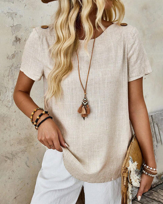 Round Neck Cotton And Linen Short-Sleeved T-Shirt