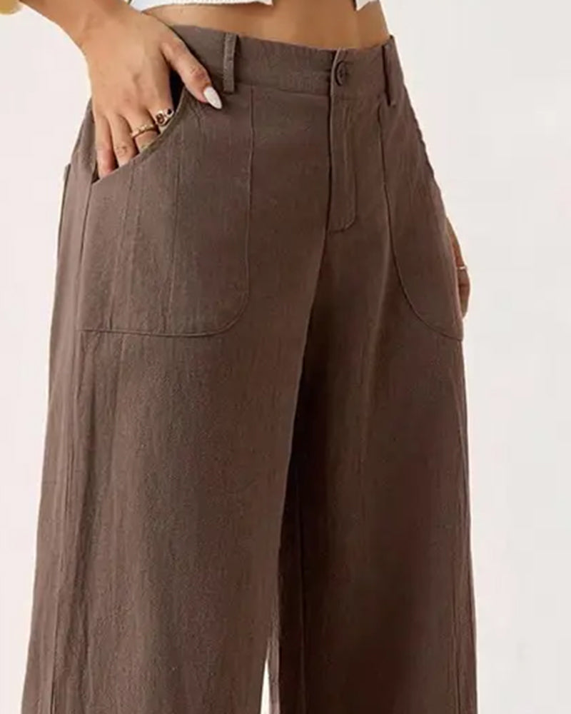 Elastic Waist Pocket Casual Wide Leg Pants