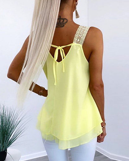 Solid color sleeveless top with stitching and laces summer tank tops & camis