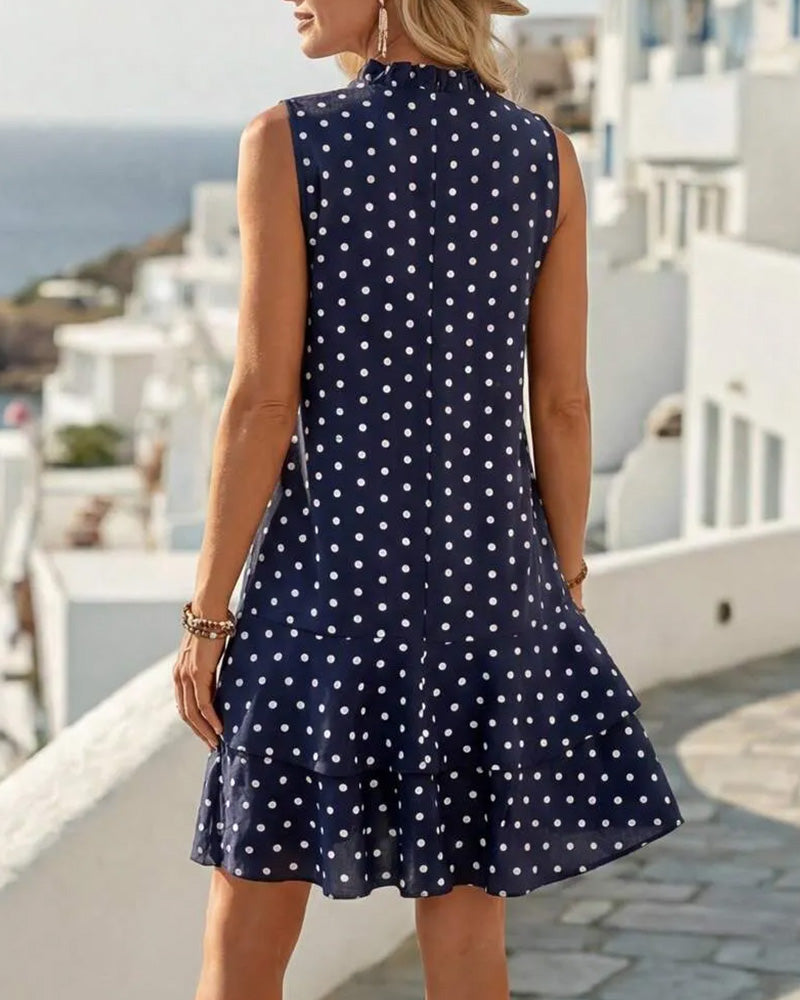 Polka Dot Tie Sleeveless Ruffle Dress