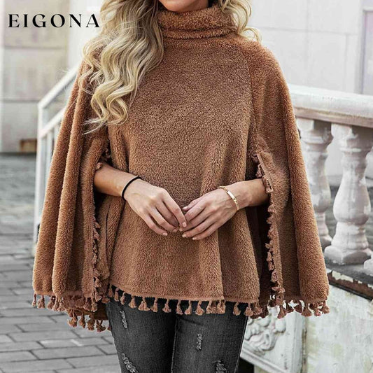 Full Size Turtleneck Tassel Hem Poncho Caramel clothes M@G@G poncho Ship From Overseas sweater sweaters