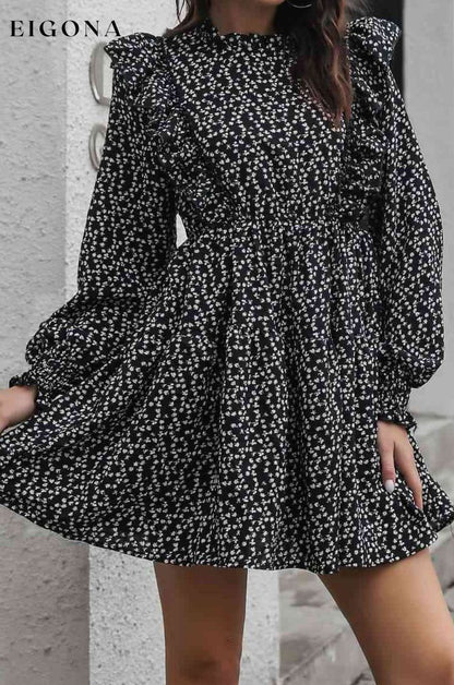 Printed Ruffle Trim Smocked Casual Long Sleeve Mini Dress Black B&S casual dress casual dresses clothes dress dresses long sleeve dress long sleeve dresses long sleve dresses Ship From Overseas short dresses