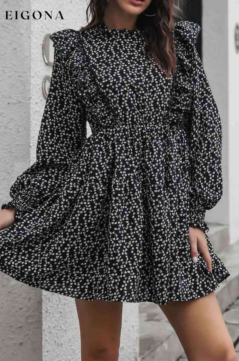 Printed Ruffle Trim Smocked Casual Long Sleeve Mini Dress B&S casual dress casual dresses clothes dress dresses long sleeve dress long sleeve dresses long sleve dresses Ship From Overseas short dresses