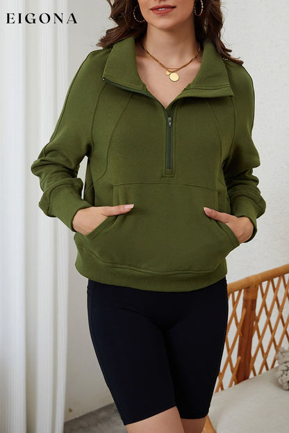 Green Zip Up Stand Collar Ribbed Thumbhole Sleeve Sweatshirt clothes Craft Patchwork Fall To Winter Occasion Daily Outerwear Print Solid Color Season Fall & Autumn Style Casual Sweater sweaters