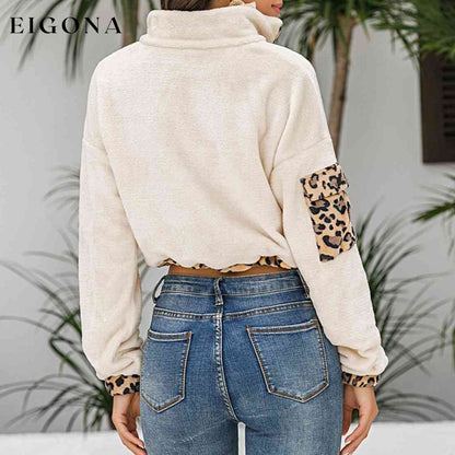 Leopard Half Zip Drawstring Cropped Sweatshirt clothes L@X@G Ship From Overseas