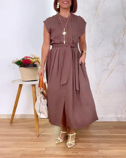 Sleeveless Stand Collar Pleated Waist Dress