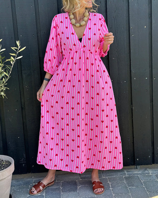 Deep V Heart Stripe Print Dress