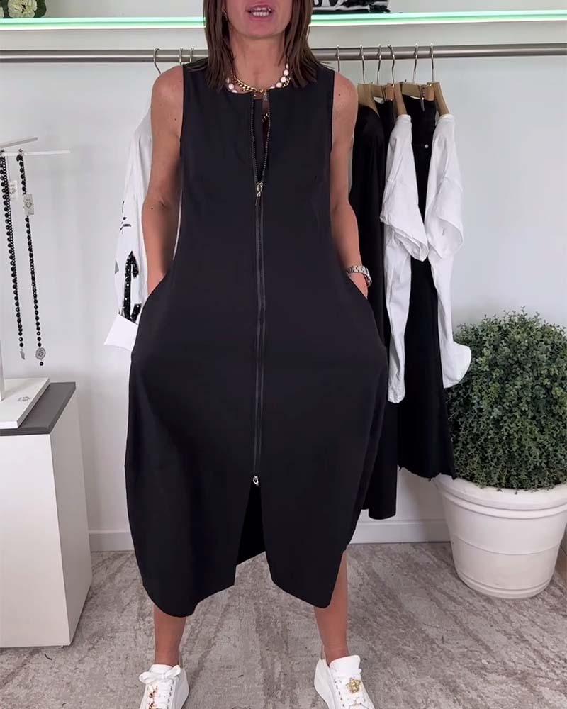 Round neck zippered solid color pocket dress casual dresses summer