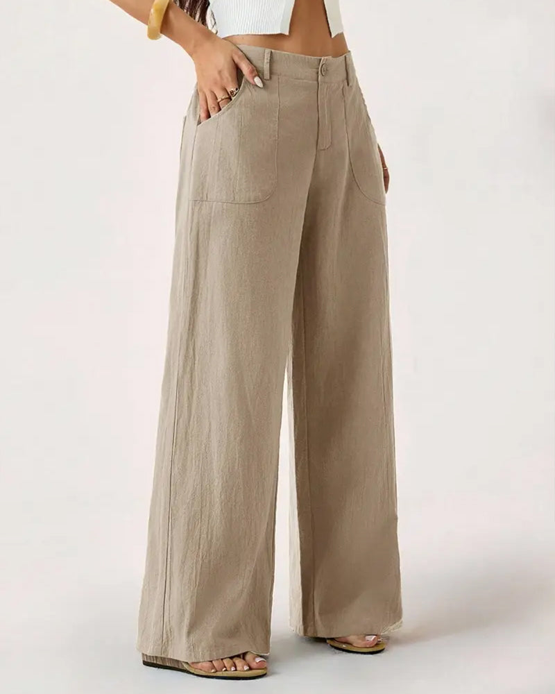 Elastic Waist Pocket Casual Wide Leg Pants