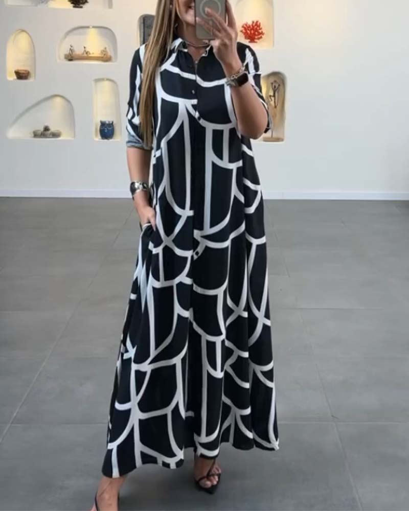 Contrast printed lapel long slit dress casual dresses spring summer