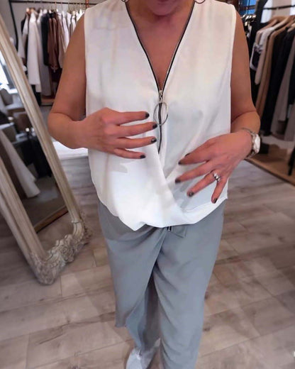 Sleeveless Half Zip Solid Color Tank Top