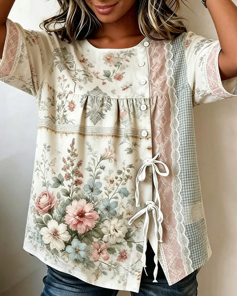 Retro Floral Print Casual Blouse