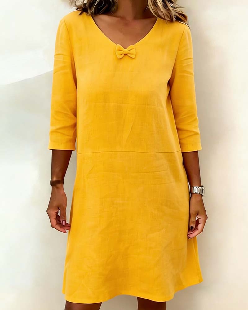 Bow V-Neck Linen Dress