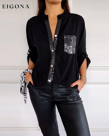 Paneled sequin button casual top blouses & shirts spring summer