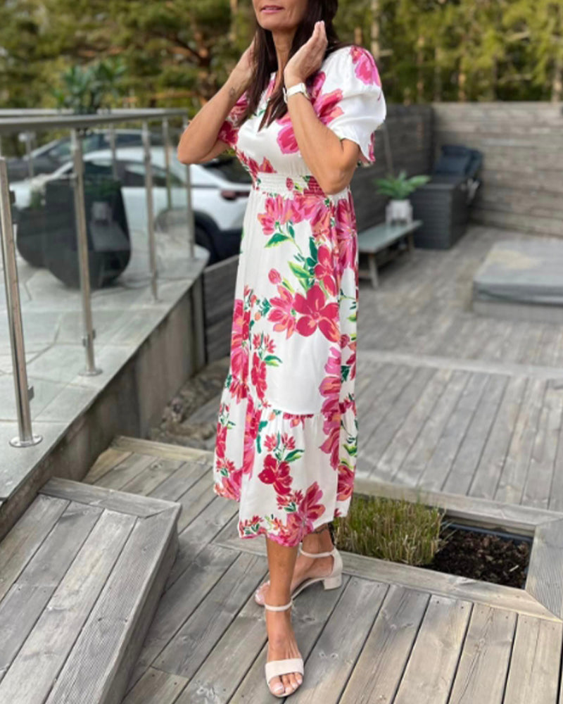 V-neck floral print waist dress casual dresses summer