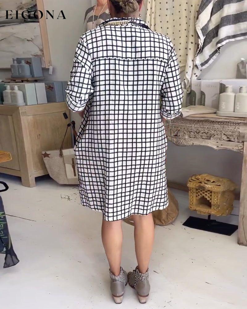 Plaid lapel pocket loose dress casual dresses spring summer