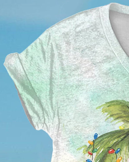 Women's V-Neck Retro Florida Christmas Watercolor Palm Tree Print T-Shirt 2024 f/w christmas summer t-shirts