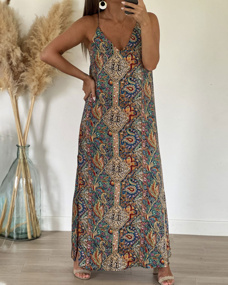 V-Neck Suspender Print Dress