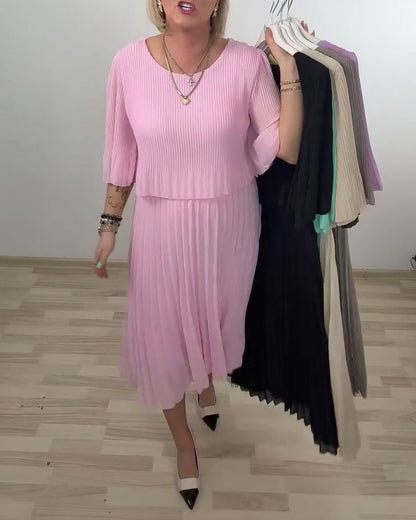 Pleated Mid-Sleeve Dress