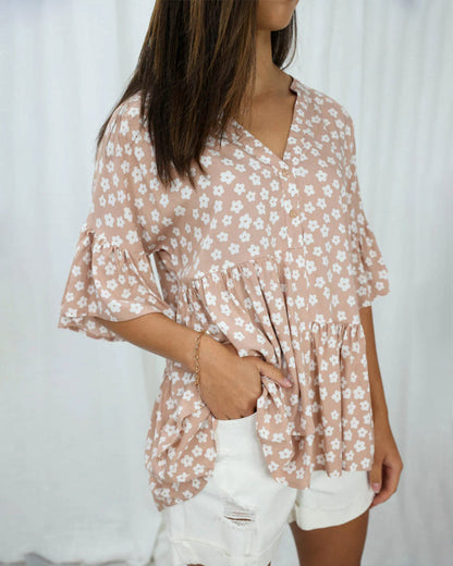 V-neck trumpet sleeves floral blouse 202466 blouses & shirts summer